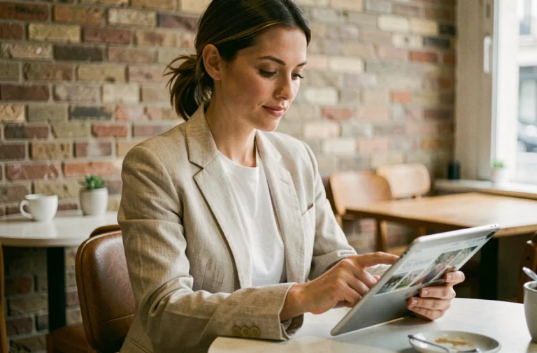 Femme élégante dans un café parisien consultant des tendances lifestyle sur sa tablette