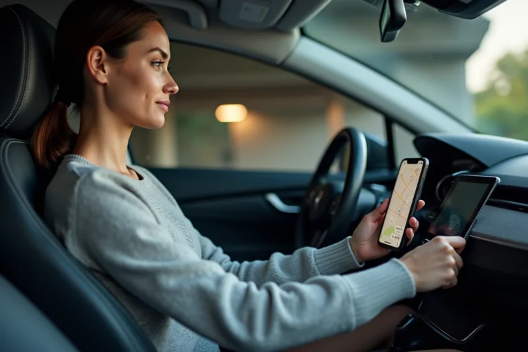 Femme consultant l'application Mappy sur smartphone pour calculer le coût d'un trajet routier depuis sa voiture