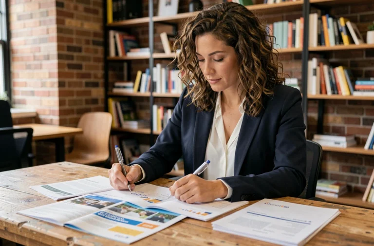 Femme consultant des brochures de formation professionnelle dans un espace de coworking moderne pour booster sa carrière