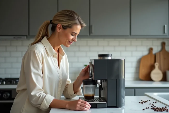 Femme examinant les réglages d'une machine à expresso semi-automatique dans une cuisine moderne