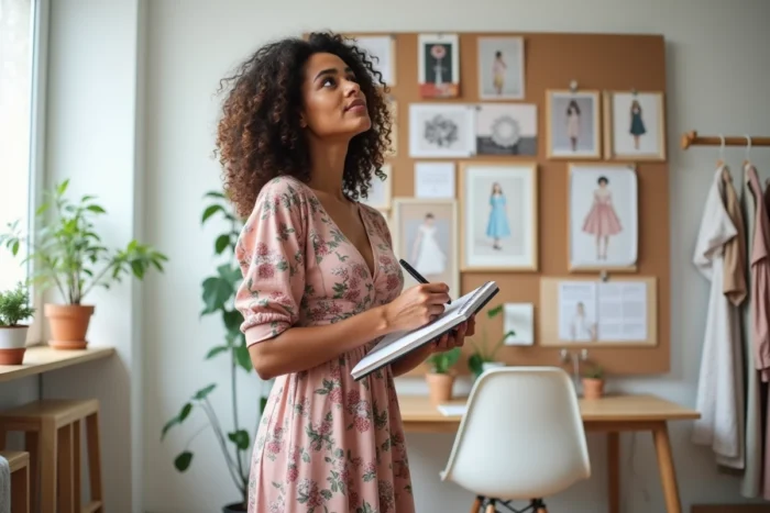 Jeune femme créative dans un studio de mode entouré de planches d'inspiration et de tendances