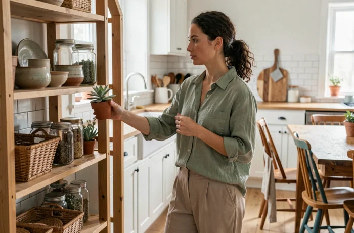 Femme décorant une cuisine rustique avec des pots en terre cuite et des étagères en bois pour un intérieur chaleureux et naturel