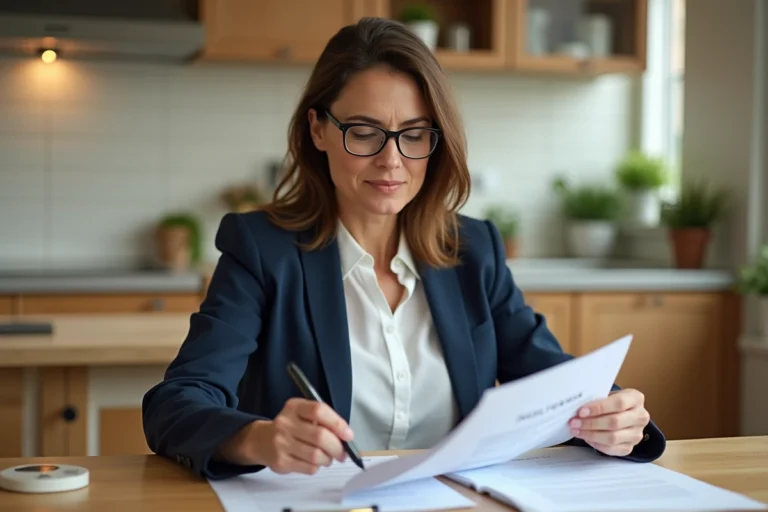 Femme examinant des documents d'assurance à une table de cuisine moderne, conseils assurance famille