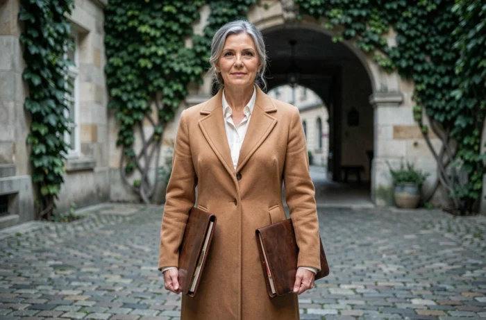 Femme distinguée dans une cour parisienne pavée, portrait évoquant l'élégance et l'héritage maternel dans le contexte familial de Zoé Grospiron