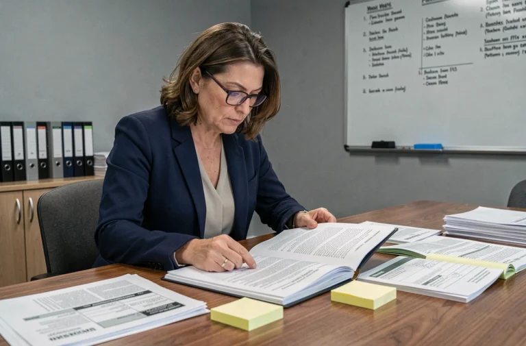 Femme fonctionnaire examinant un dossier administratif lors d'une réunion de commission d'attribution de logement social