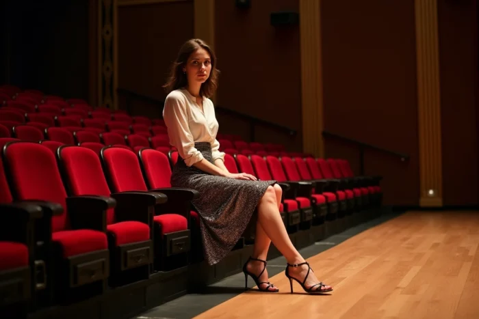Femme grande et élégante assise sur le bord d'une scène de théâtre en tenue pailletée, évoquant l'univers des artistes de scène et la notion de stature