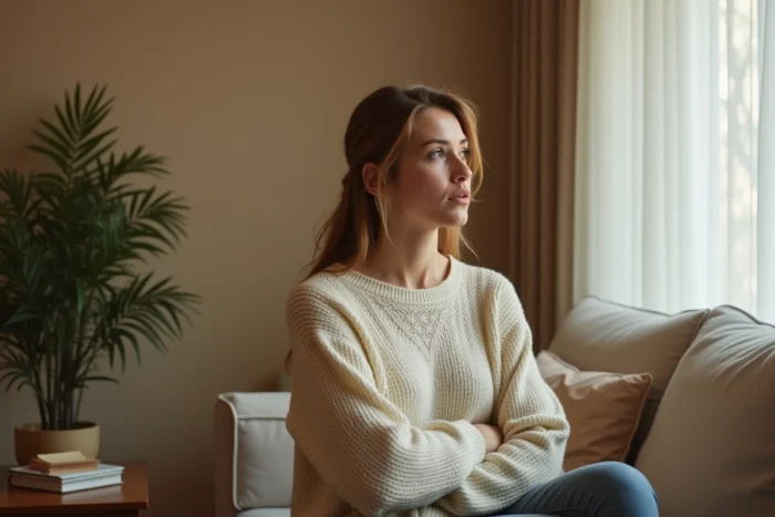 Femme pensive dans un intérieur privé évoquant la protection de la vie personnelle et l'intimité