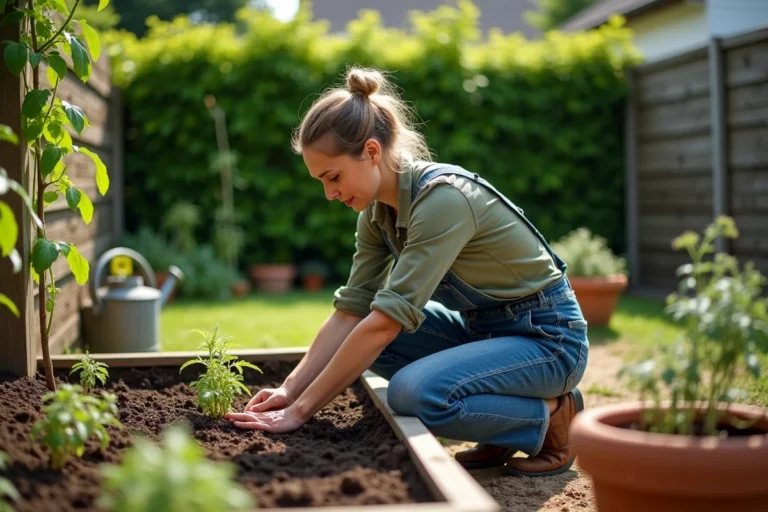 Femme jardinant dans un potager bio surélevé, transplantant des plants de tomates dans un sol riche et composté