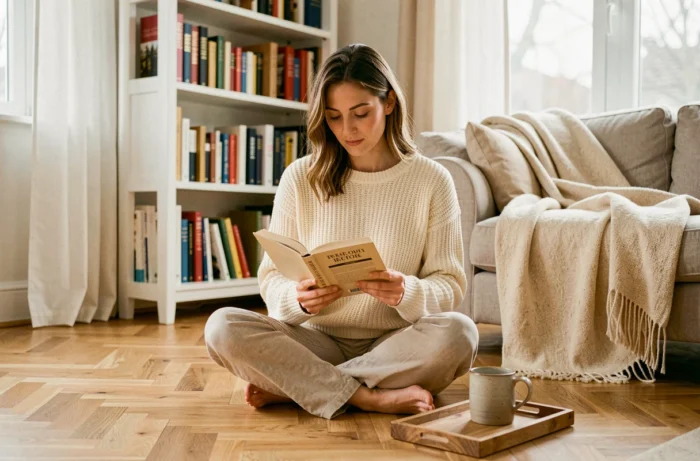 Femme détendue lisant un livre dans un salon cosy, illustration idées de loisirs quotidiens à la maison