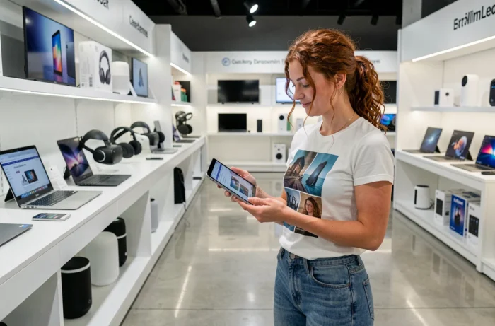 Femme explorant des ressources technologiques sur une tablette dans un magasin d'électronique moderne rempli de gadgets high-tech
