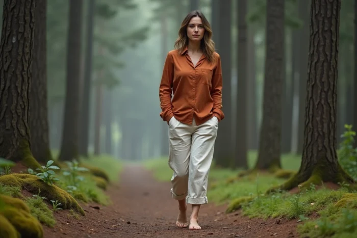 Femme marchant pieds nus sur un sentier forestier entouré de pins pour une reconnexion à la nature et améliorer son bien-être mental