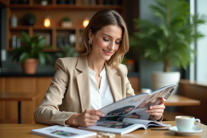 Femme moderne élégante feuilletant un magazine de mode dans un café contemporain