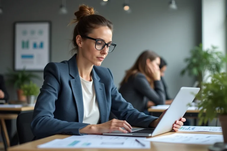 Femme professionnelle analysant des documents et données sur ordinateur dans un bureau moderne, illustrant la compréhension du fonctionnement d'Opraz