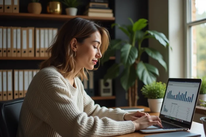 Femme analysant des offres de crédit immobilier sur ordinateur depuis son bureau à domicile