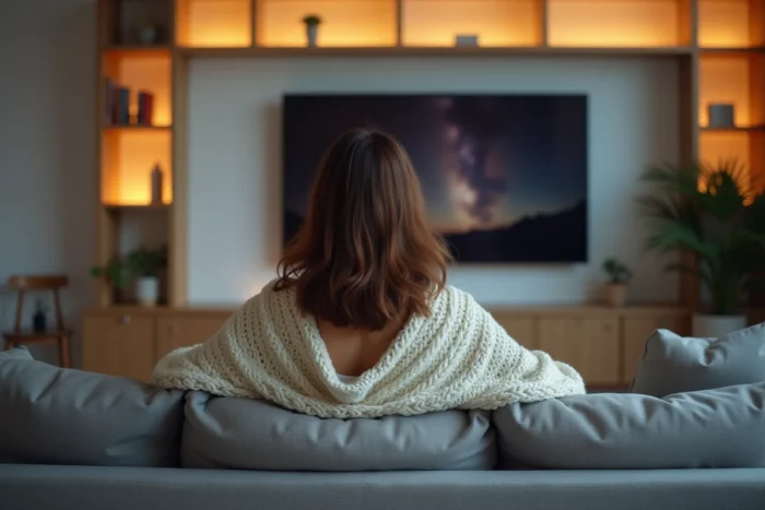 Femme regardant un film du jour sur grand écran dans un salon moderne et cosy en 2026