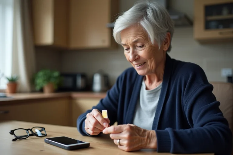 Une femme senior tenant une carte SIM pour configurer son téléphone Doro