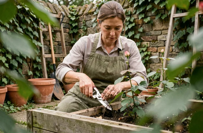 Femme jardinant et taillant des rosiers dans un potager en bois au printemps, conseils entretien jardin