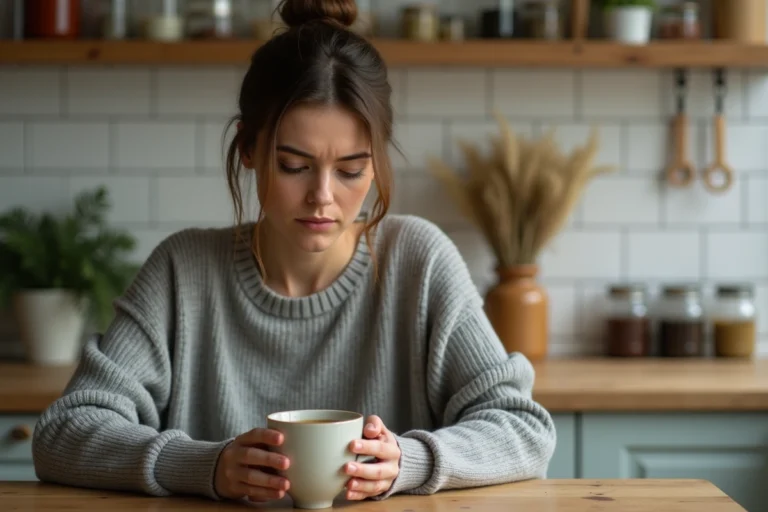 Femme tenant une tasse de thé Lulutox en réfléchissant aux dangers potentiels pour la santé