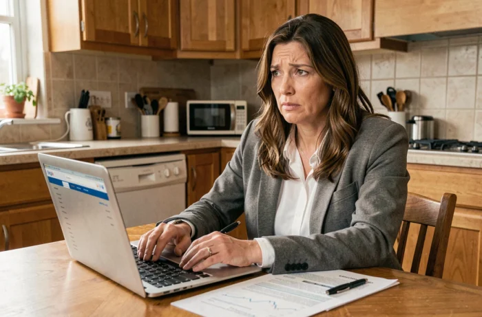 Femme examinant un contrat d'investissement Future Infinity avec prudence depuis son domicile