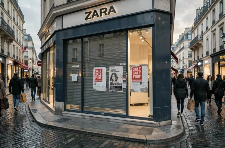 Devanture fermée d'une boutique Zara dans une rue commerçante française avec volets métalliques abaissés