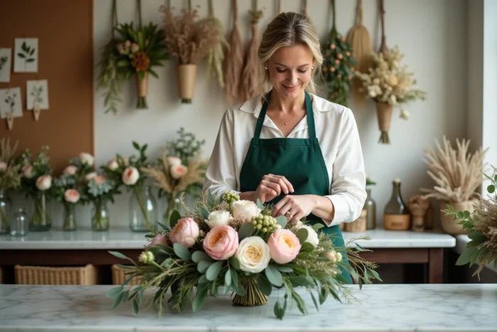 Fleuriste professionnelle arrangeant une composition florale de mariage avec pivoines et roses dans un atelier botanique