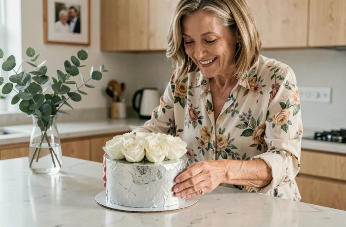 Femme préparant un gâteau d'anniversaire décoré de feuilles d'argent pour célébrer 25 ans de mariage dans une cuisine moderne