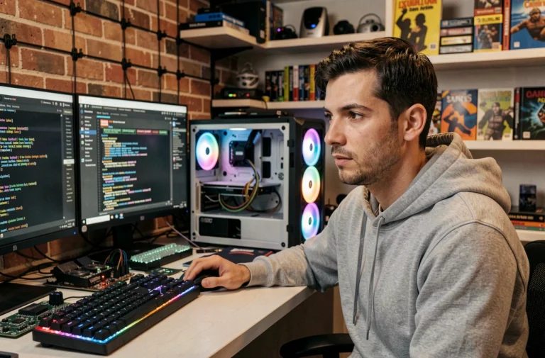 Geek passionné de nouvelles technologies assis devant plusieurs écrans dans un bureau high-tech moderne rempli de gadgets et de composants informatiques