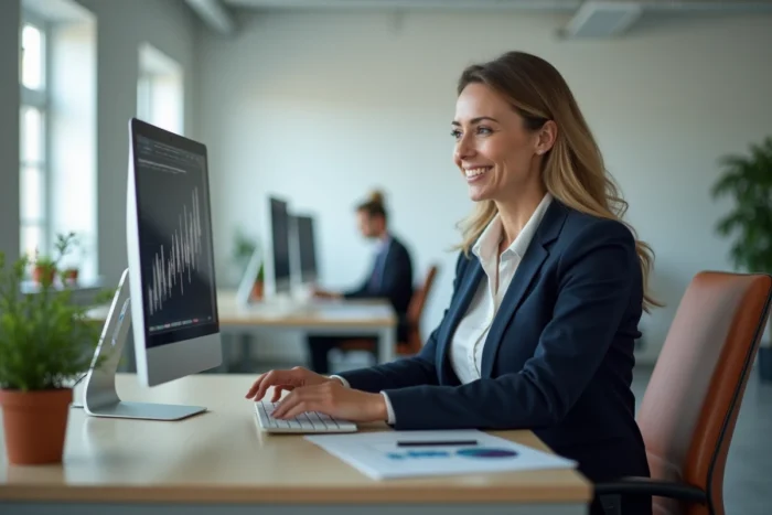Femme professionnelle analysant des données d'entreprise sur deux écrans dans un bureau moderne et lumineux