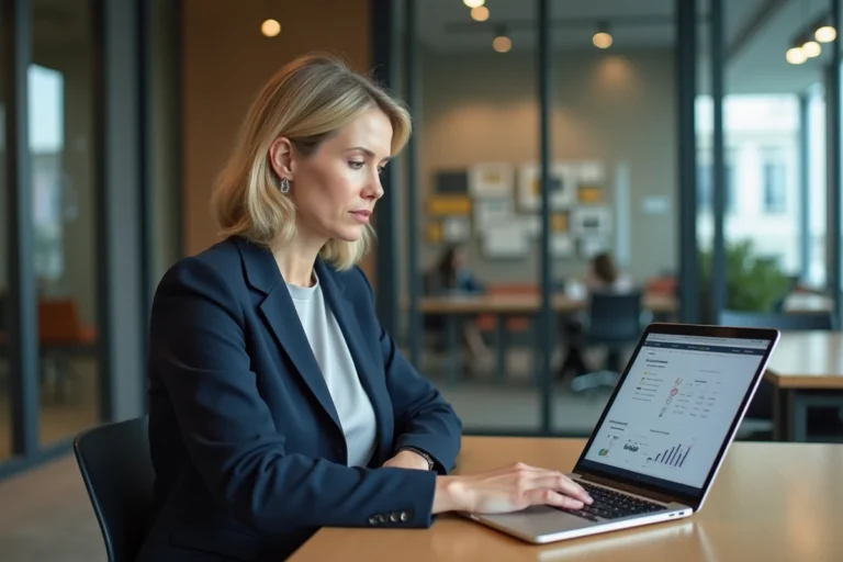Gestionnaire immobilière connectée à la plateforme Liloo BSK sur son ordinateur dans un bureau moderne