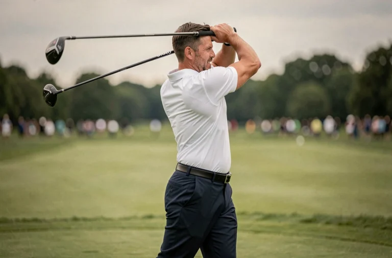 Golfeur athlétique en plein élan de long drive sur un parcours de compétition, bras tendus et club en flexion au moment de l'impact