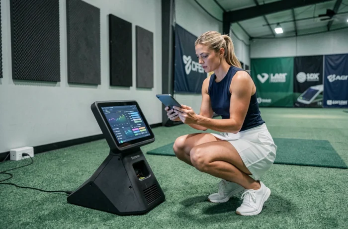 Golfeuse analysant ses données de performance sur un moniteur de lancement lors d'une session d'entraînement long drive en salle