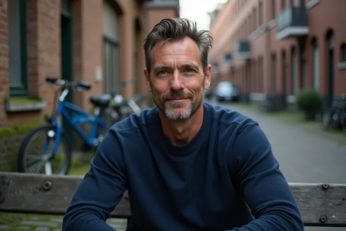 Portrait trois-quarts d'un homme d'âge mûr avec un grain de beauté sur la pommette dans un cadre urbain authentique