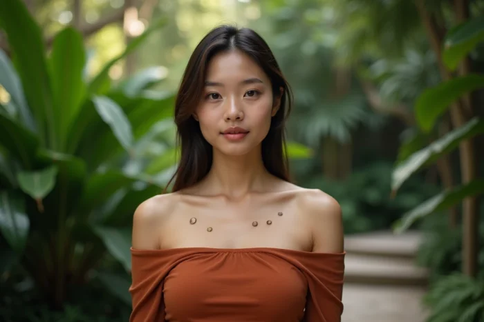 Portrait d'une jeune femme mettant en valeur plusieurs grains de beauté naturels sur les épaules et le cou dans un jardin botanique