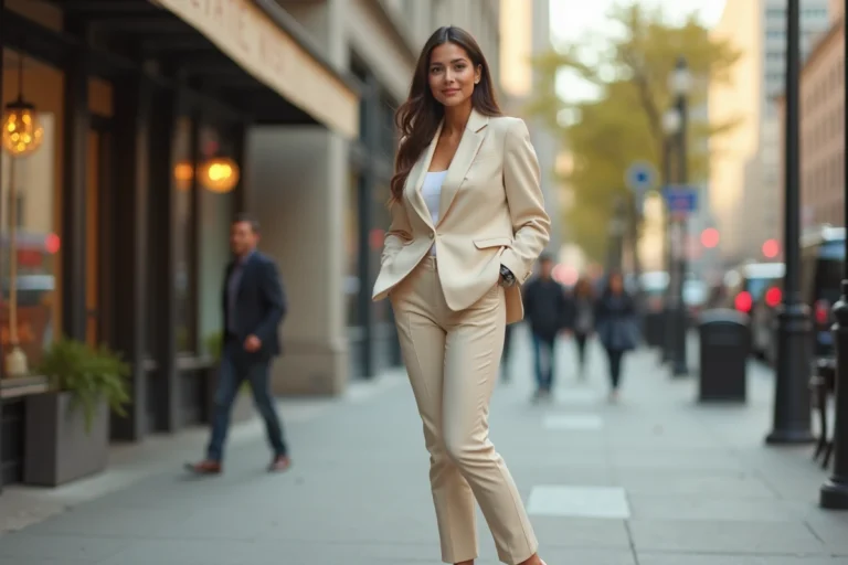 Grande femme élégante en tailleur crème debout sur un trottoir urbain, illustrant la notion de taille et de stature féminine