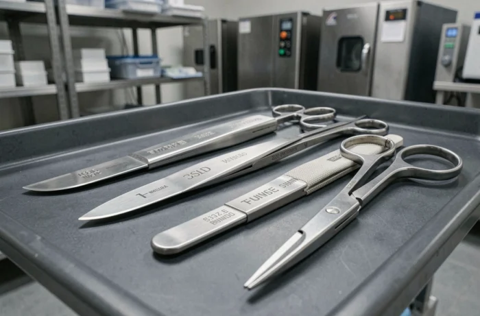 Gros plan sur des instruments chirurgicaux en acier inoxydable incluant scalpel, pinces et ciseaux sur un plateau de stérilisation