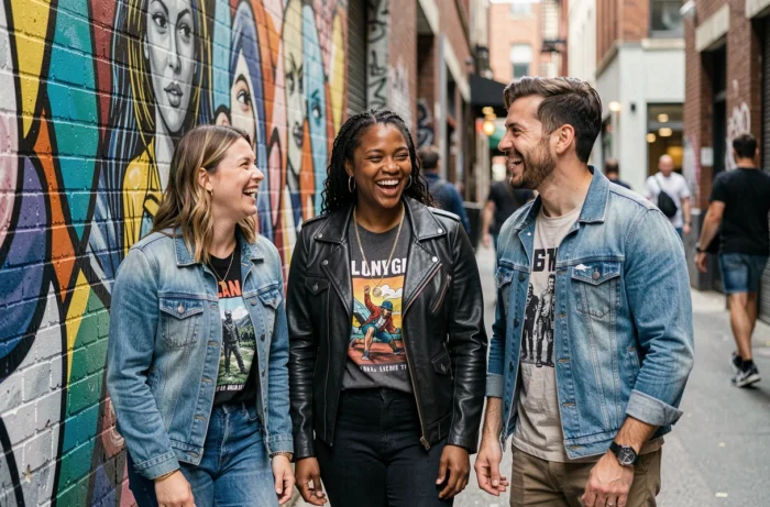 Groupe d'amis tendance devant une fresque urbaine dans un quartier culturel branché