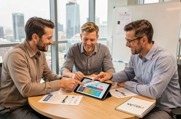 Groupe d'entrepreneurs discutant d'abonnements promotionnels autour d'une table de réunion en startup