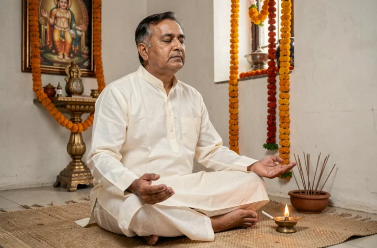 Homme indien en méditation hindoue symbolisant l'abandon du tabac devant un autel traditionnel