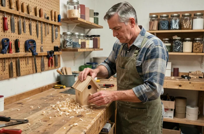 Homme fabriquant une cabane à oiseaux en bois dans un atelier de bricolage, idée de loisir créatif à domicile