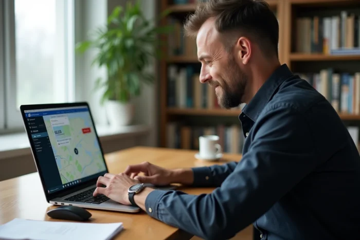 Homme calculant le coût d'un trajet routier sur ordinateur portable avec Mappy depuis son bureau à domicile