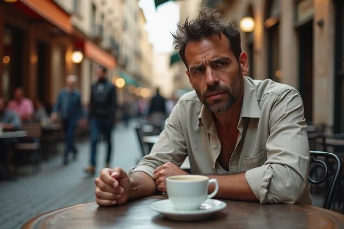 Homme pensif à la terrasse d'un café urbain, illustrant les comportements ambivalents et les changements d'humeur fréquents