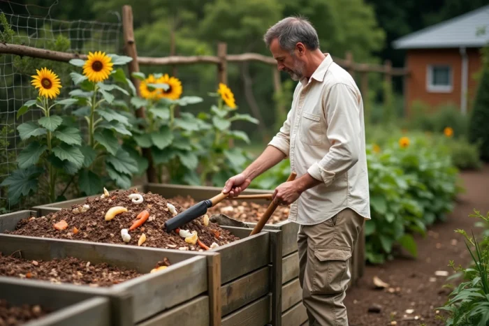 Homme retournant un compost bio dans son jardin potager naturel avec une fourche
