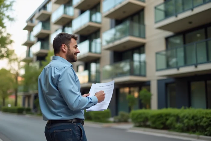 Homme tenant un contrat de prêt immobilier devant un immeuble résidentiel moderne en ville