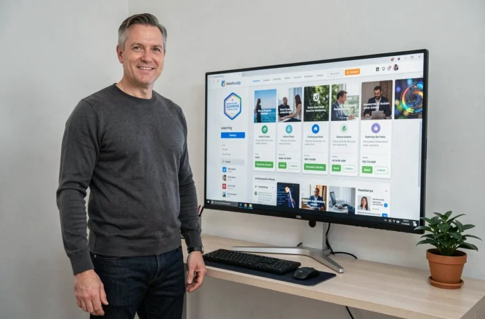Homme en télétravail explorant une plateforme de formation en ligne pour développer ses compétences professionnelles