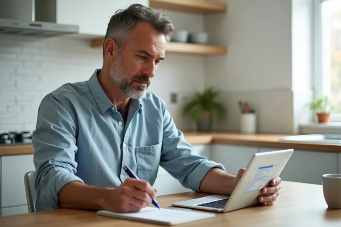 Homme prenant des notes sur une tablette affichant un tutoriel Opraz, illustrant un cas concret d'utilisation à domicile