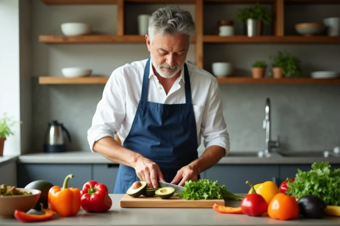 Homme préparant un repas sain et coloré dans une cuisine moderne avec des légumes frais dans le cadre d'un mode de vie sain