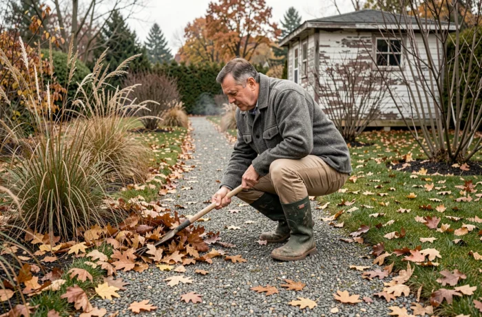 Homme ratissant les feuilles mortes dans un jardin en automne, entretien saisonnier du jardin