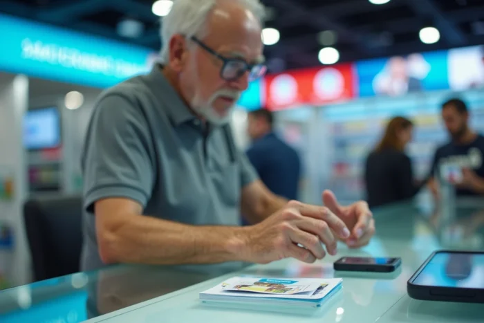 Un homme senior comparant des forfaits de cartes SIM pour téléphone Doro en boutique