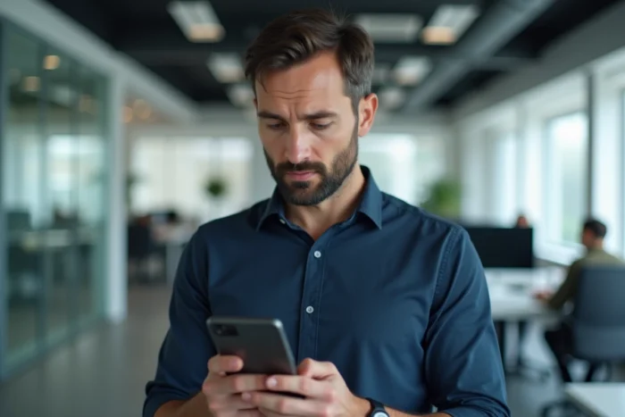 Homme consultant un service client financier sur smartphone dans un bureau moderne pour envoyer un email de contact
