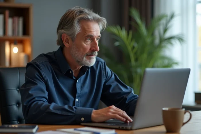 Homme parcourant une nouvelle adresse de streaming de film quotidien sur laptop dans un bureau à domicile